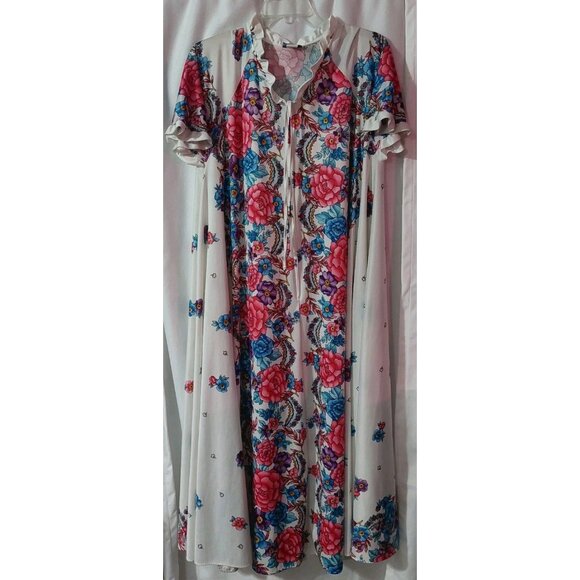 Village Fair White Floral Robe Large  / XL 16 - 22 Kaftan House Dress Length 52" - Picture 2 of 11